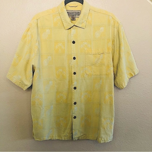 Jamaica Jazz Silk Hawaiian Jacquard Coconut Button Down Short Sleeves Shirt Sz M - Picture 1 of 13